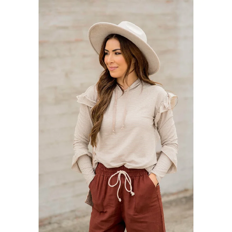 Markdowns Ruffle Sleeve Striped Hoodie