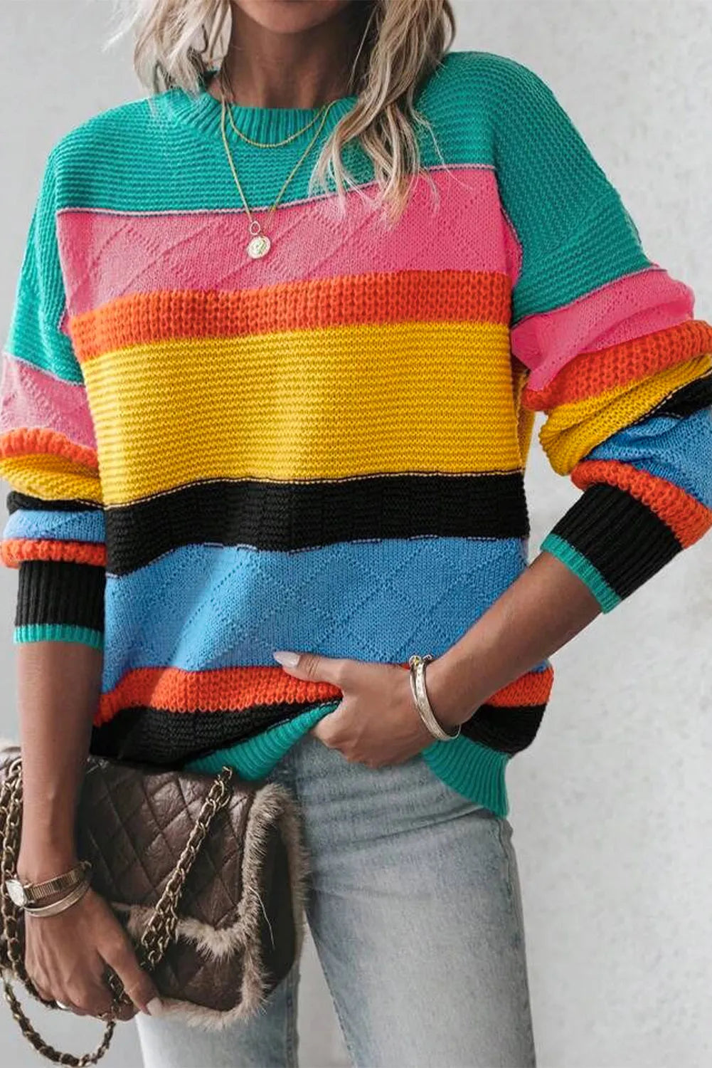 Quick Sale Contrast Round Neck Dropped Shoulder Sweater