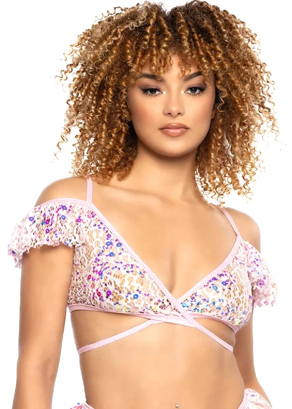 Steal Deal Love Story Sequin Lace Ruffle Wrap Top