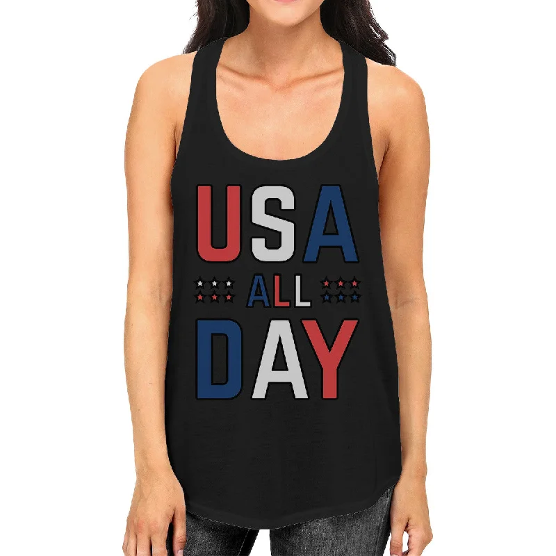 Discount Extravaganza USA All Day Womens Black Sleeveless Tee Cute Design Workout Tanks