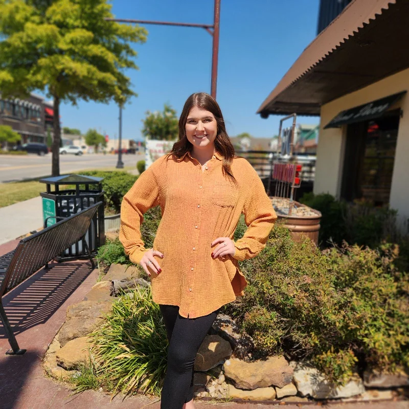 Price Drop Alert Washed Rust Oversized Button Down Gauze Top