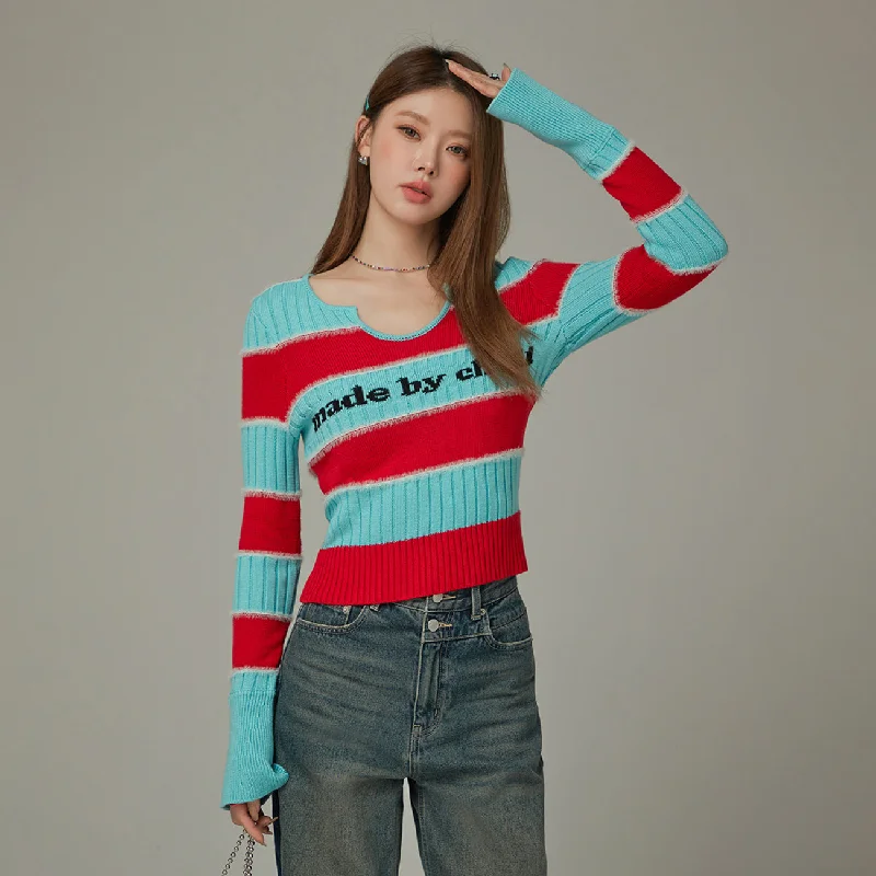 Amazing Deals Logo Color Stripe Knit Sweater