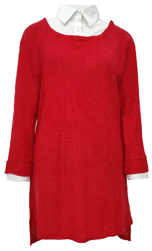 Super Deal Women's White Shirt Collar Detailing Red Tunic
