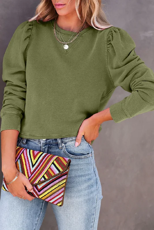 Referral Discount Green Vintage Washed Puff Sleeve Sweatshirt