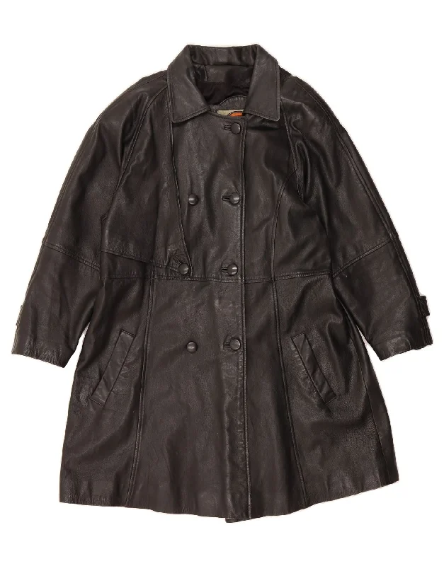 New Deal VINTAGE Womens Double Breasted Leather Coat UK 10 Small Black Leather