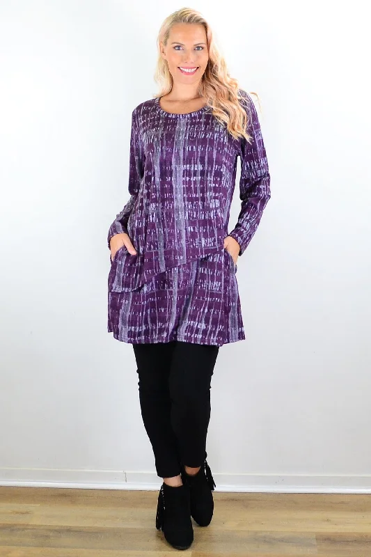 Quick Sale Purple Grey Lines Print Tunic Top