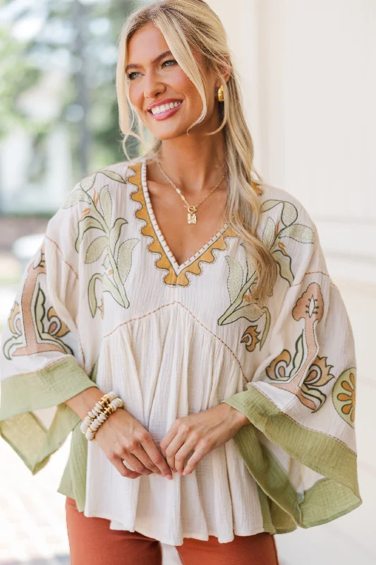 Celebrate the Weekend with Discounts Work On It Natural/Sage Printed Blouse