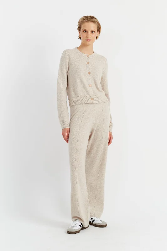 Hurry In Light-Oatmeal Wool-Cashmere Crew Neck Cardigan