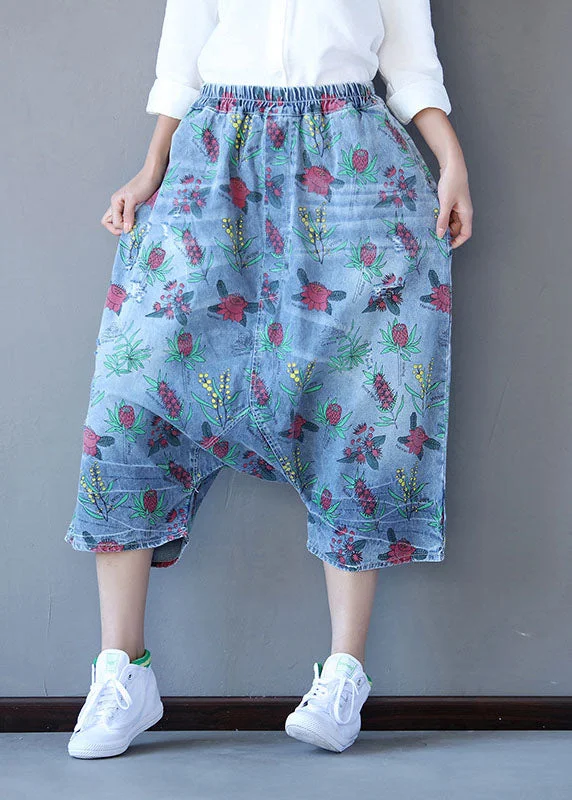 Overstock Sale Handmade Denim Blue Elastic Waist Oversized Print Cotton Harem Pants Spring Overstock Sale Handmade Denim Blue Elastic Waist Oversized Print Cotton Harem Pants Spring
