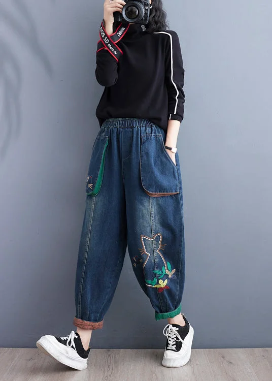 Big Savings Art Blue Cartoon Embroidered Pockets Elastic Waist Denim Pants Spring