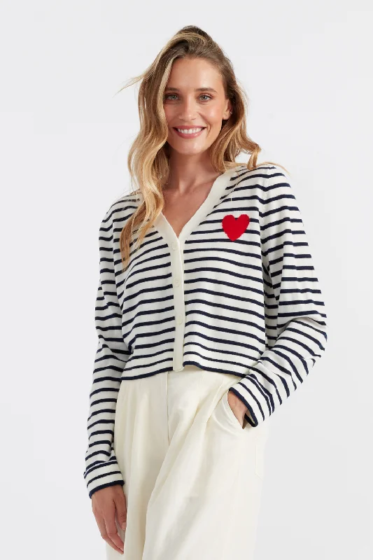 The Best Deal Cream-Navy Merino Heart Breton Cardigan