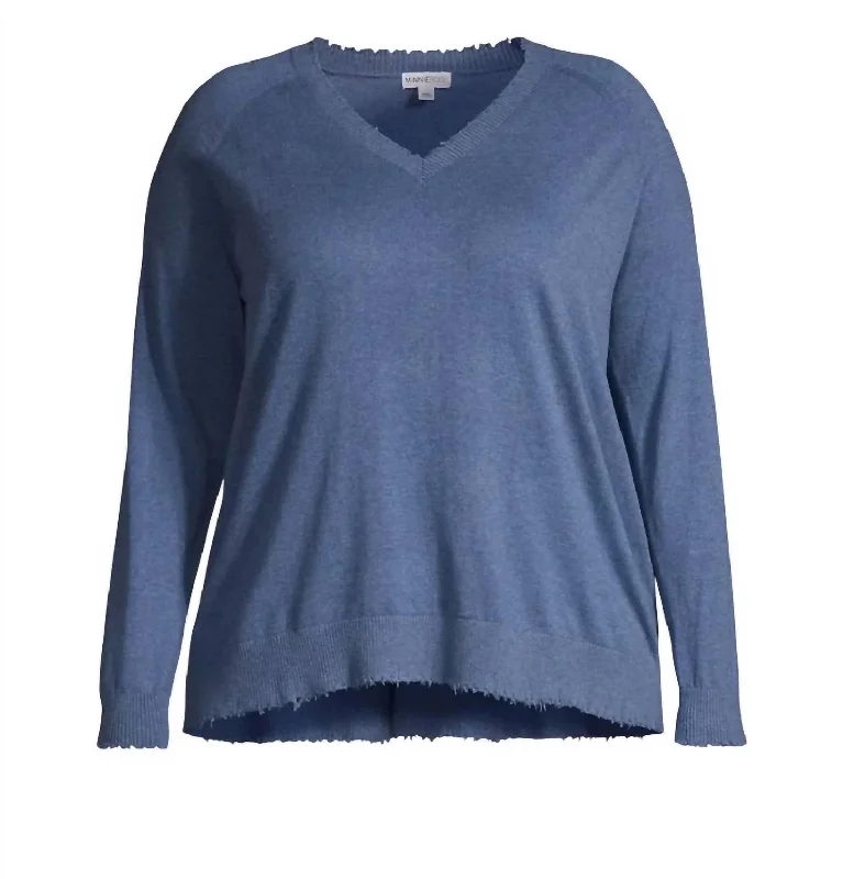 Anniversary Sale Women's Frayed Edge V Sweater In Harbor Blue