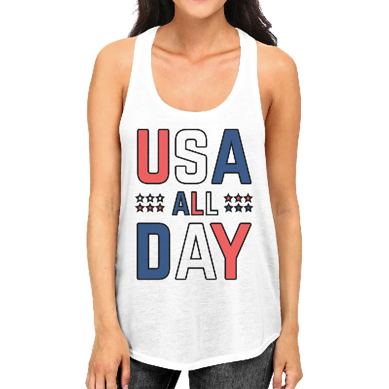 Price Smash USA All Day Women White Cotton Tank Top Cute 4th Of July Design