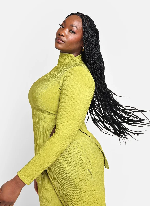 Take Action Aneira Textured Mock Neck Side Slit Top - Chartreuse