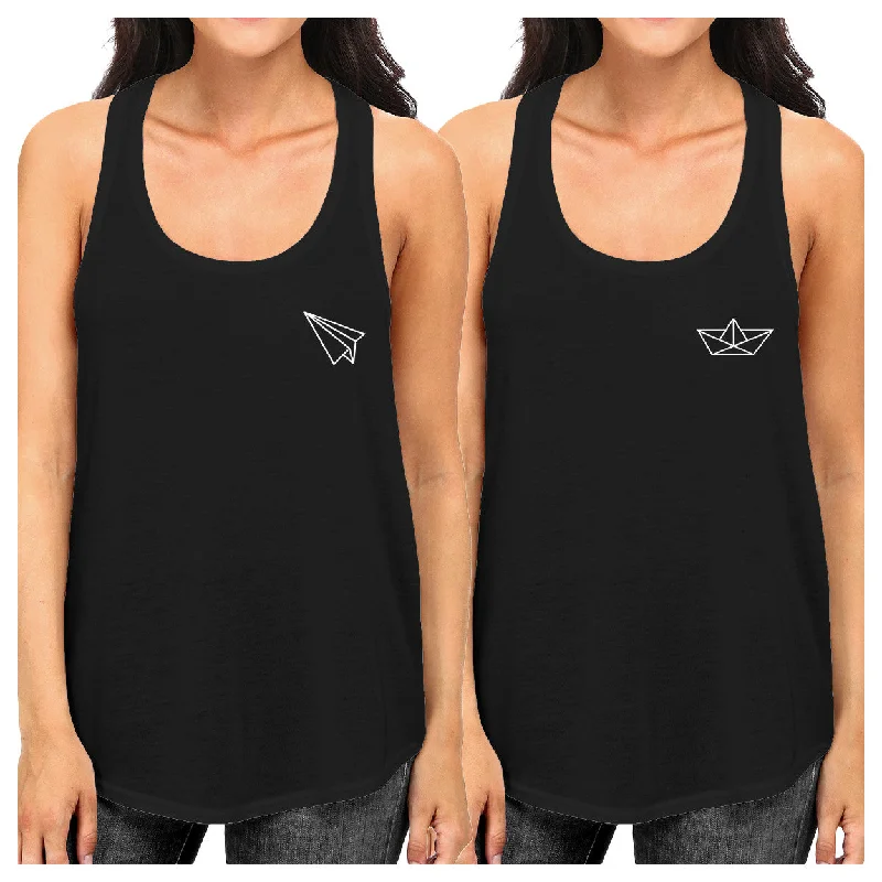 YEAR-End Sale Origami Plane And Boat BFF Matching Black Tank Tops