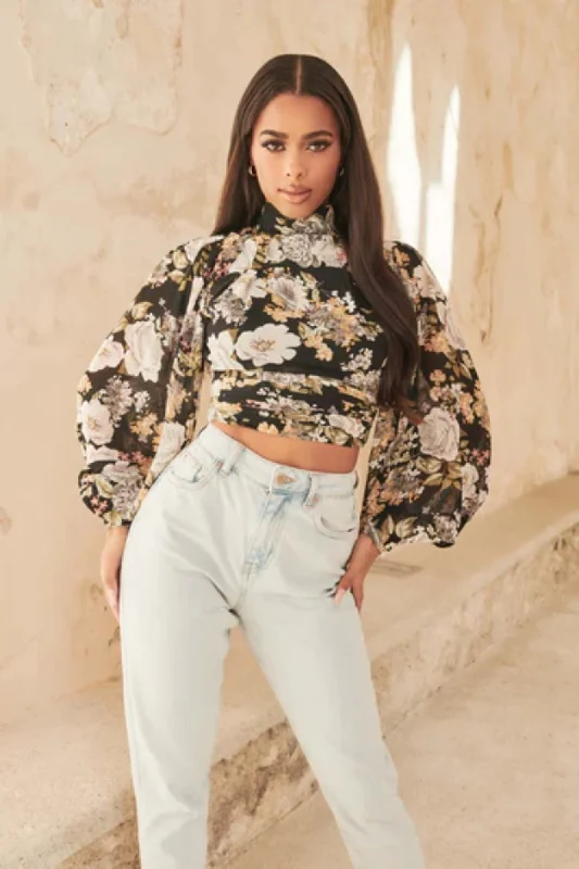Hurry In Lavish Alice Chiffon Balloon Sleeve Open Back Top in Black Rose