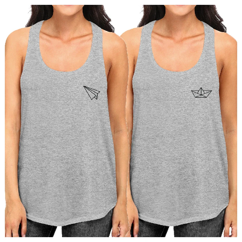 Weekend Deal Origami Plane And Boat BFF Matching Grey Tank Tops
