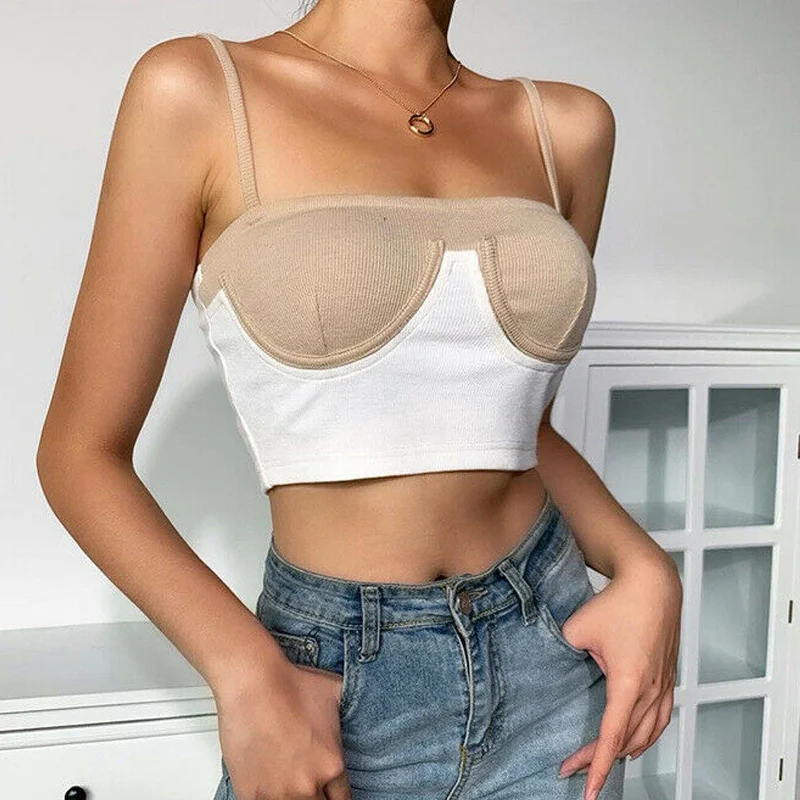 Mega Deal JuliaFashion-Color Patchwork Bare Midriff Cami Tops