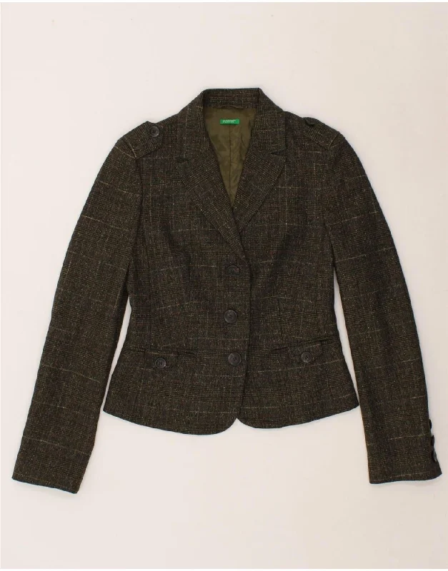 Clearance Event BENETTON Womens 3 Button Blazer Jacket IT 42 Medium Khaki Check Wool