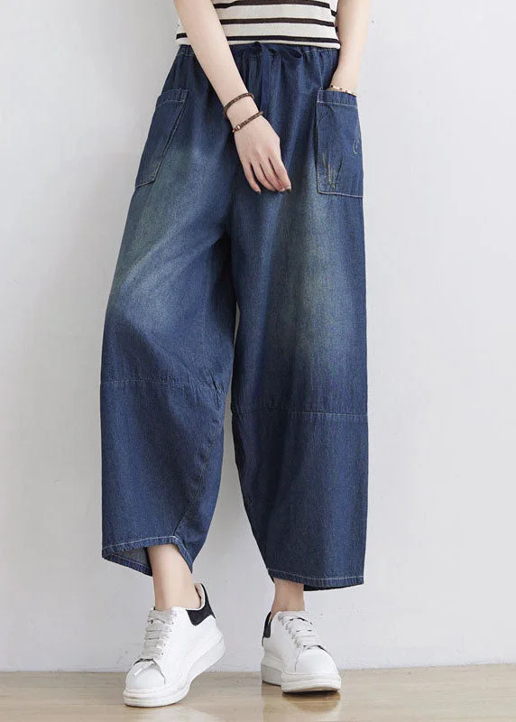 Extra Savings Plus Size Blue Elastic Waist Patchwork Cotton Denim Pants Spring
