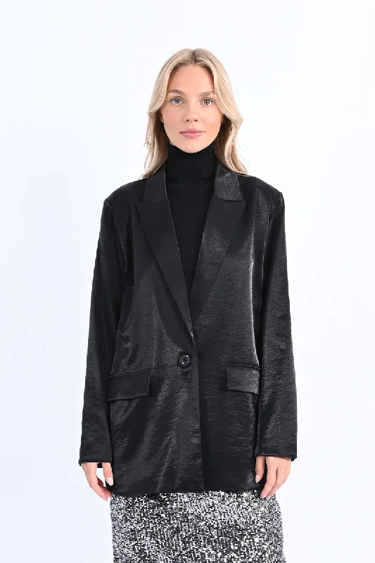 Price Rollback Black Wide Satin Blazer by Molly Bracken
